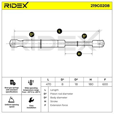 Gasfeder, Koffer-/Laderaum RIDEX 219G0208 219G0208 - foto 7